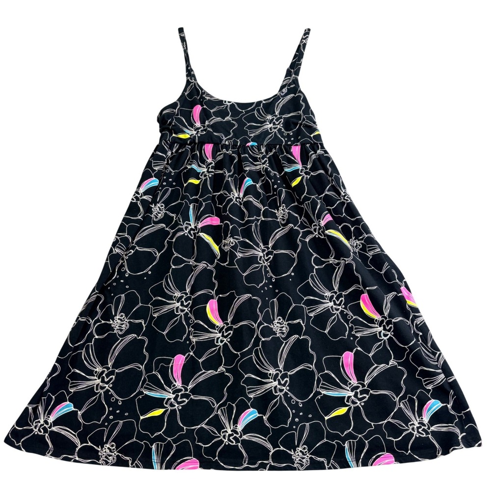 Roxy Small Neon‎ Black Floral Sundress Empire Waist Smocked Y2K Summer Dress VTG